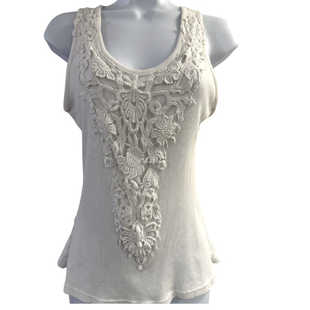 MKM Designs White Crochet Floral Lace Front Ribbed Knit Womens Tank Top JRs SZ 5